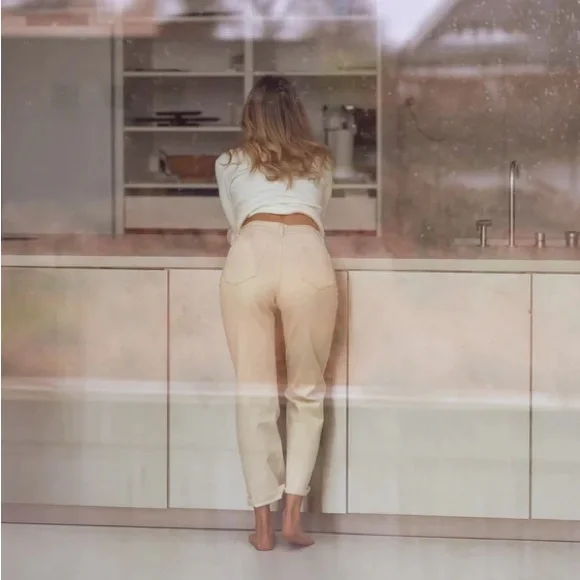 Ecru / Off White High Waisted Straight Leg Jeans - Picture 2 of 4